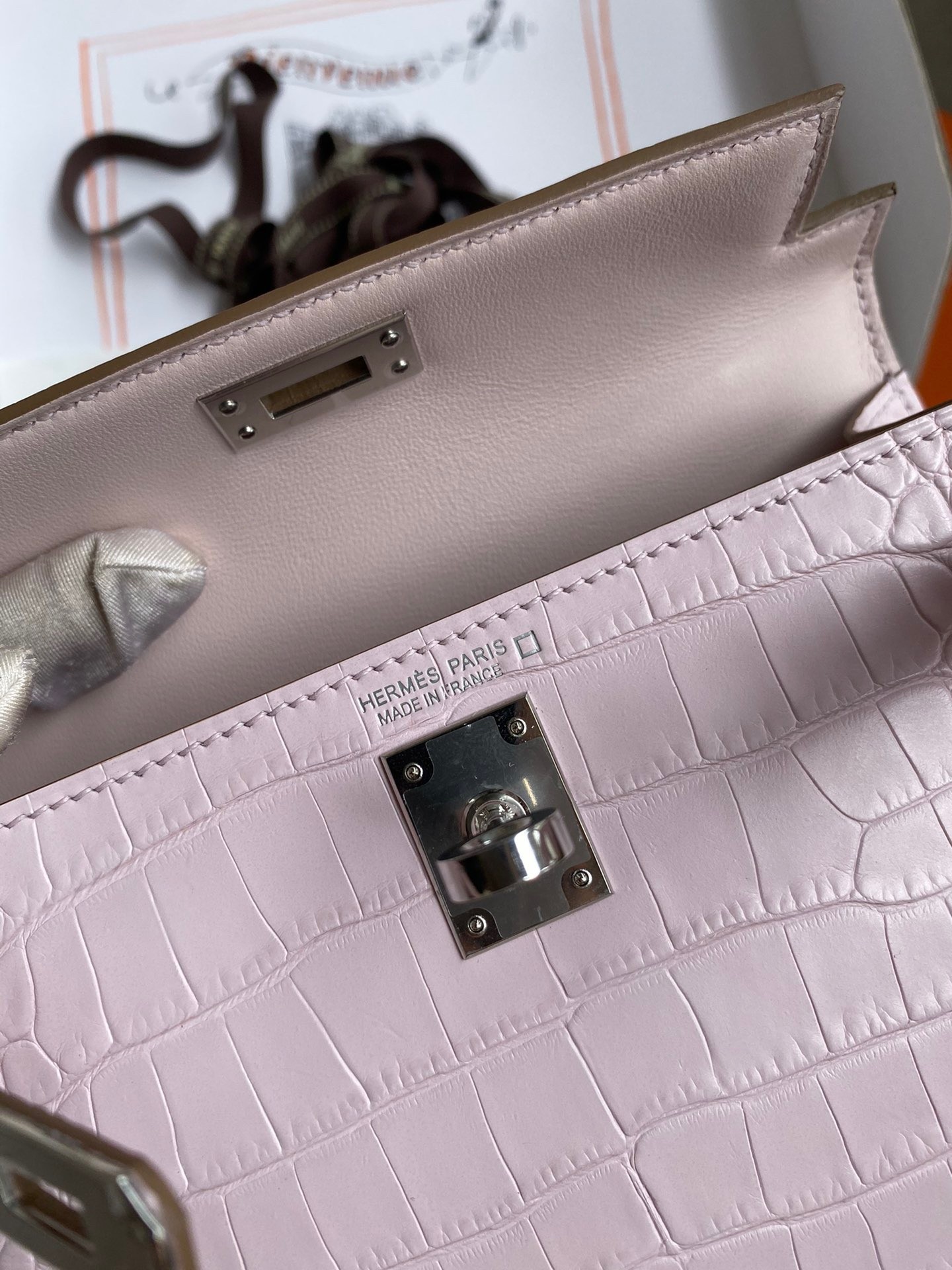H**mes kelly mini ii sellier handmade bag in mauve pale matte alligator leathe