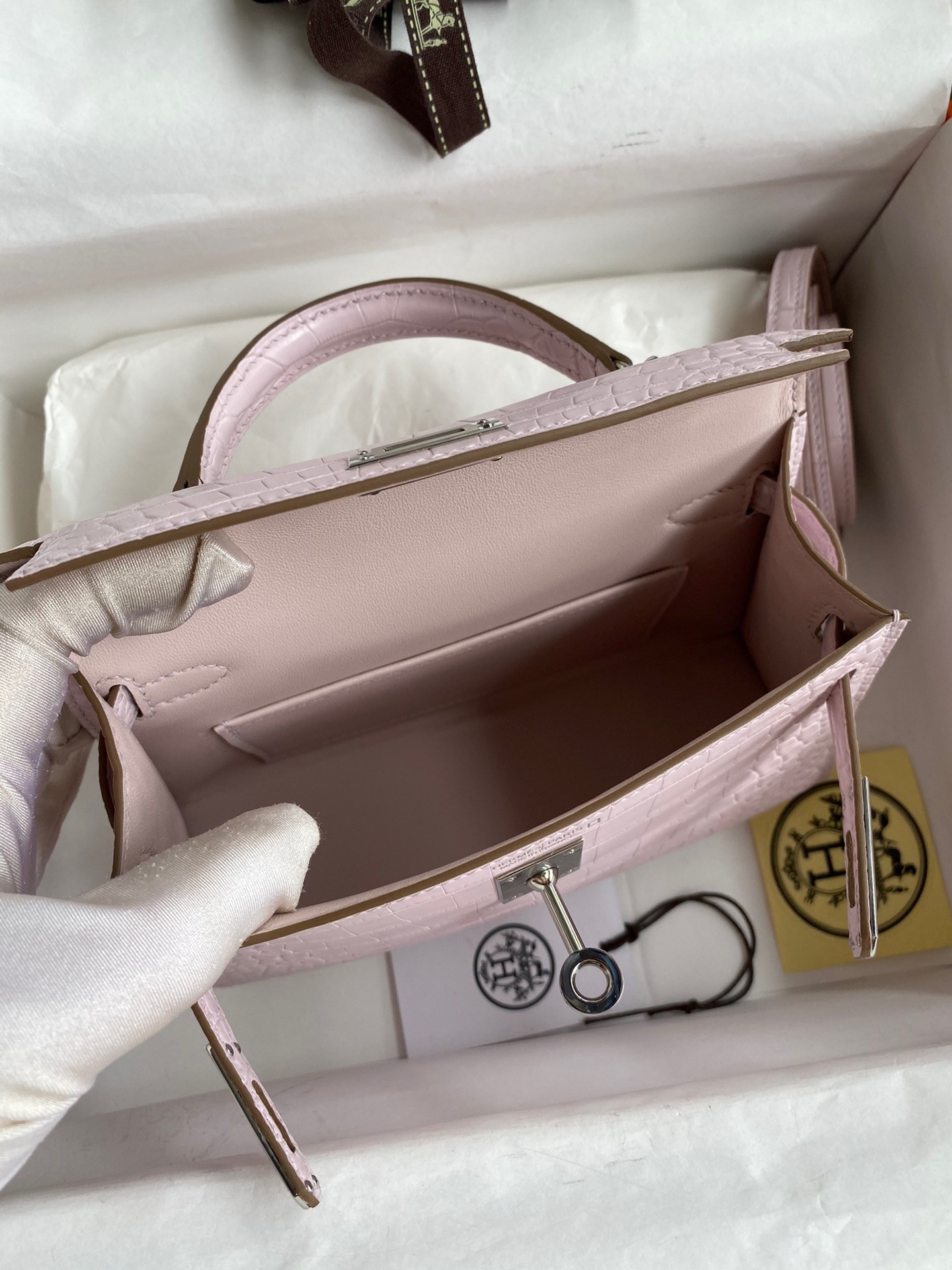 H**mes kelly mini ii sellier handmade bag in mauve pale matte alligator leathe