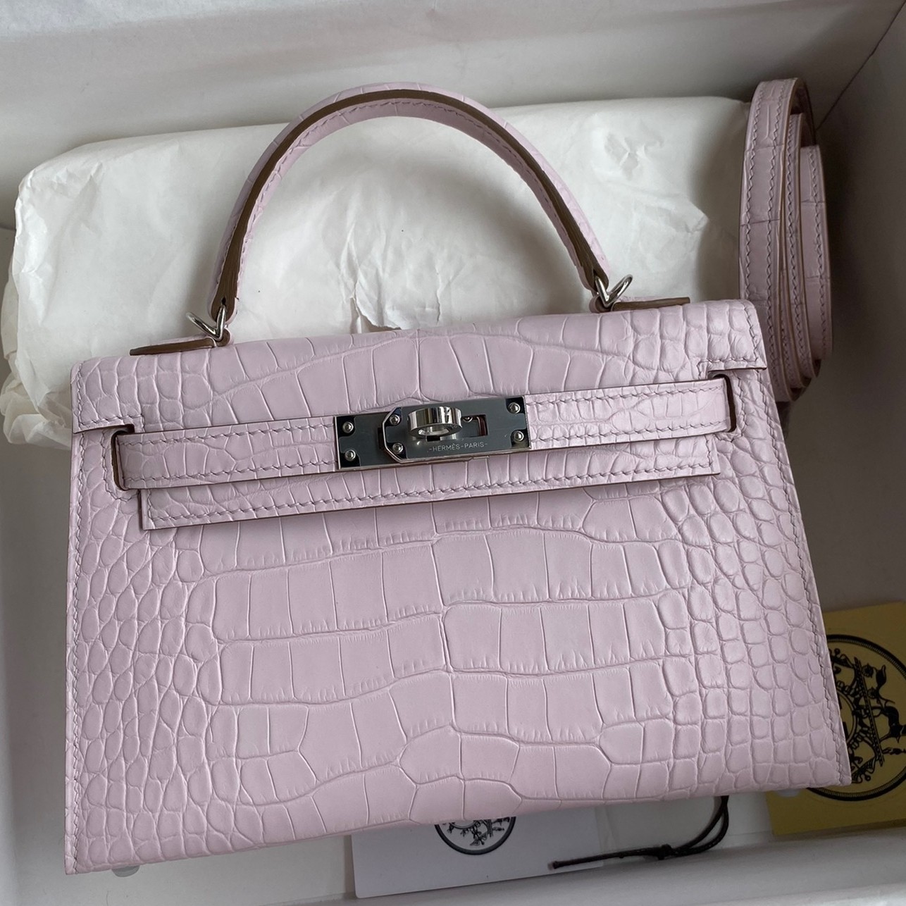 H**mes kelly mini ii sellier handmade bag in mauve pale matte alligator leathe