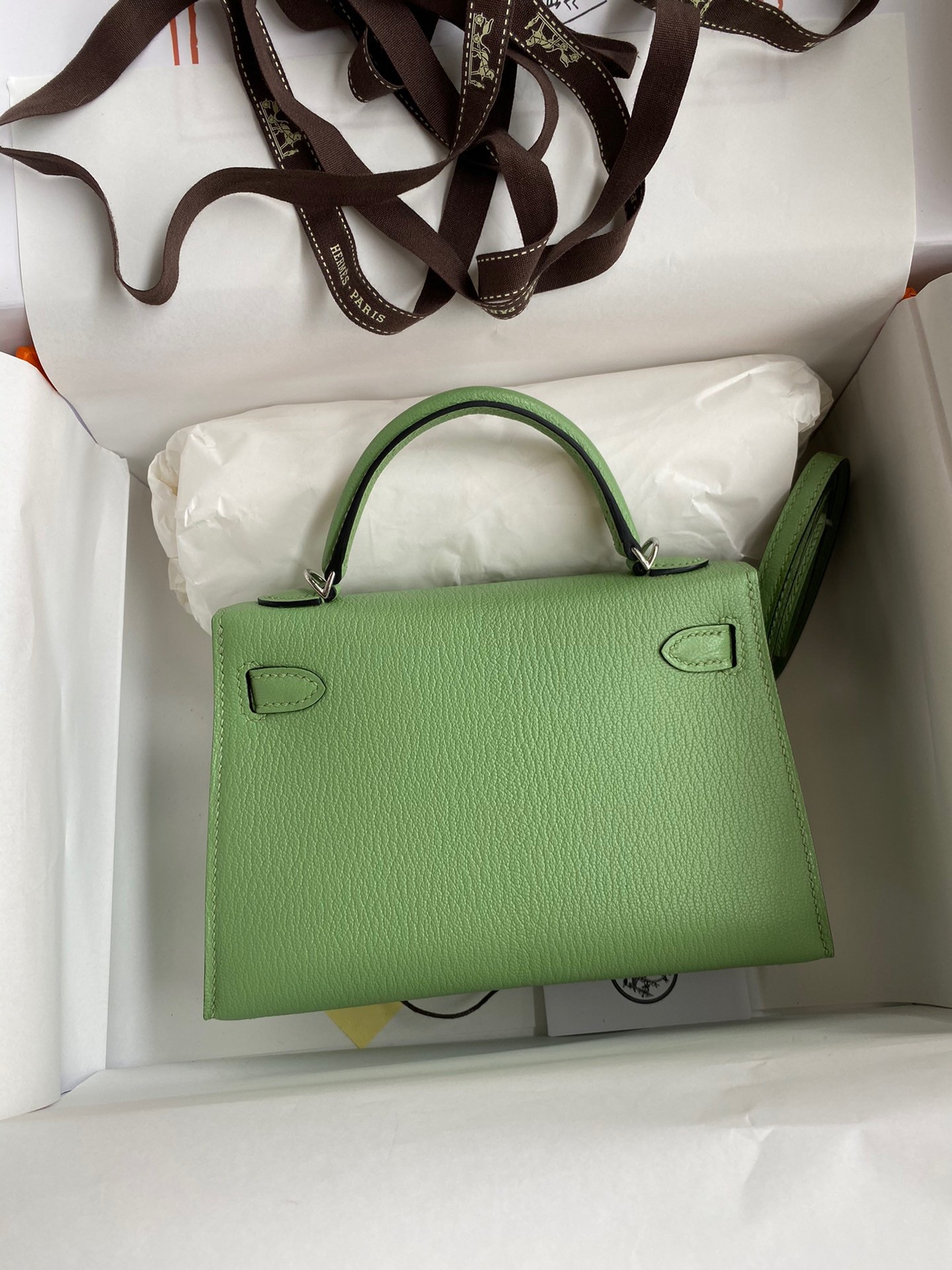 H**mes kelly mini ii sellier handmade bag in vert criquet chevre mysore leather