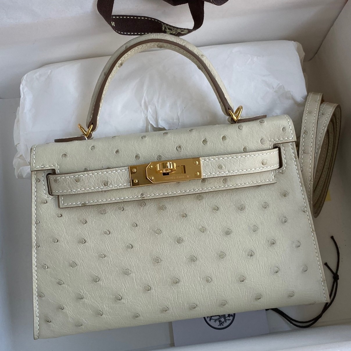 H**mes kelly mini ii sellier handmade bag in beton ostrich leather