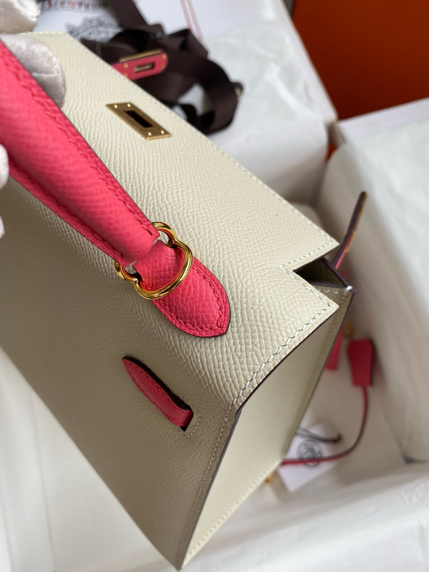 H**mes hss kelly sellier 25 bag in craie and rose lipstick epsom calfskin