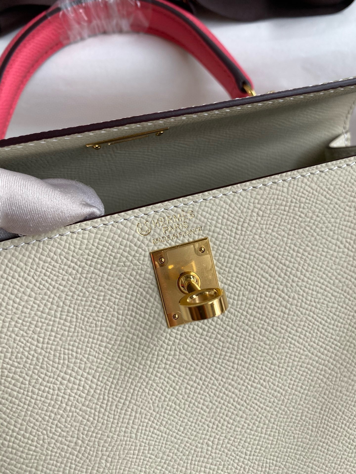 H**mes hss kelly sellier 25 bag in craie and rose lipstick epsom calfskin