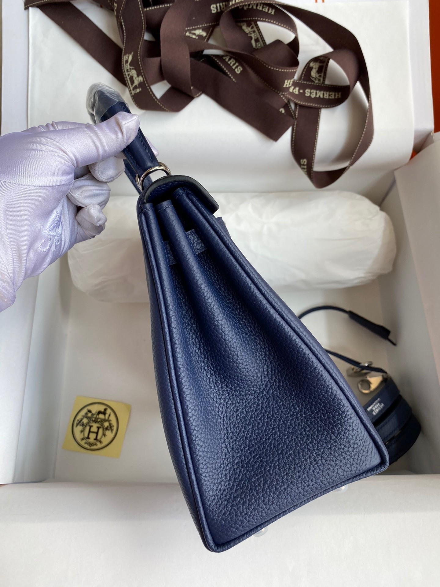 H**mes kelly retourne 25 handmade bag in blue saphir clemence leather