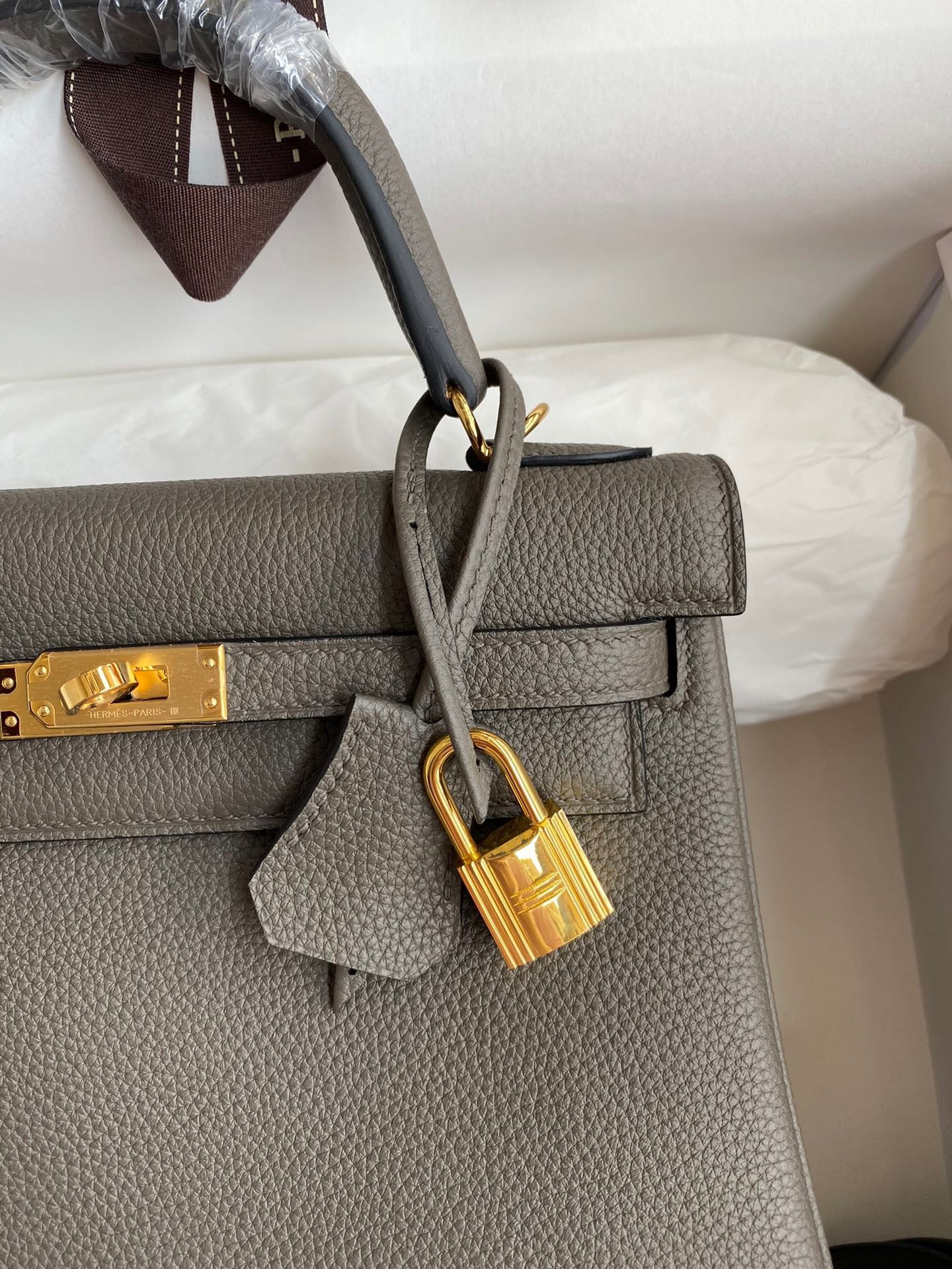 H**mes kelly retourne 25 handmade bag in etain clemence leather