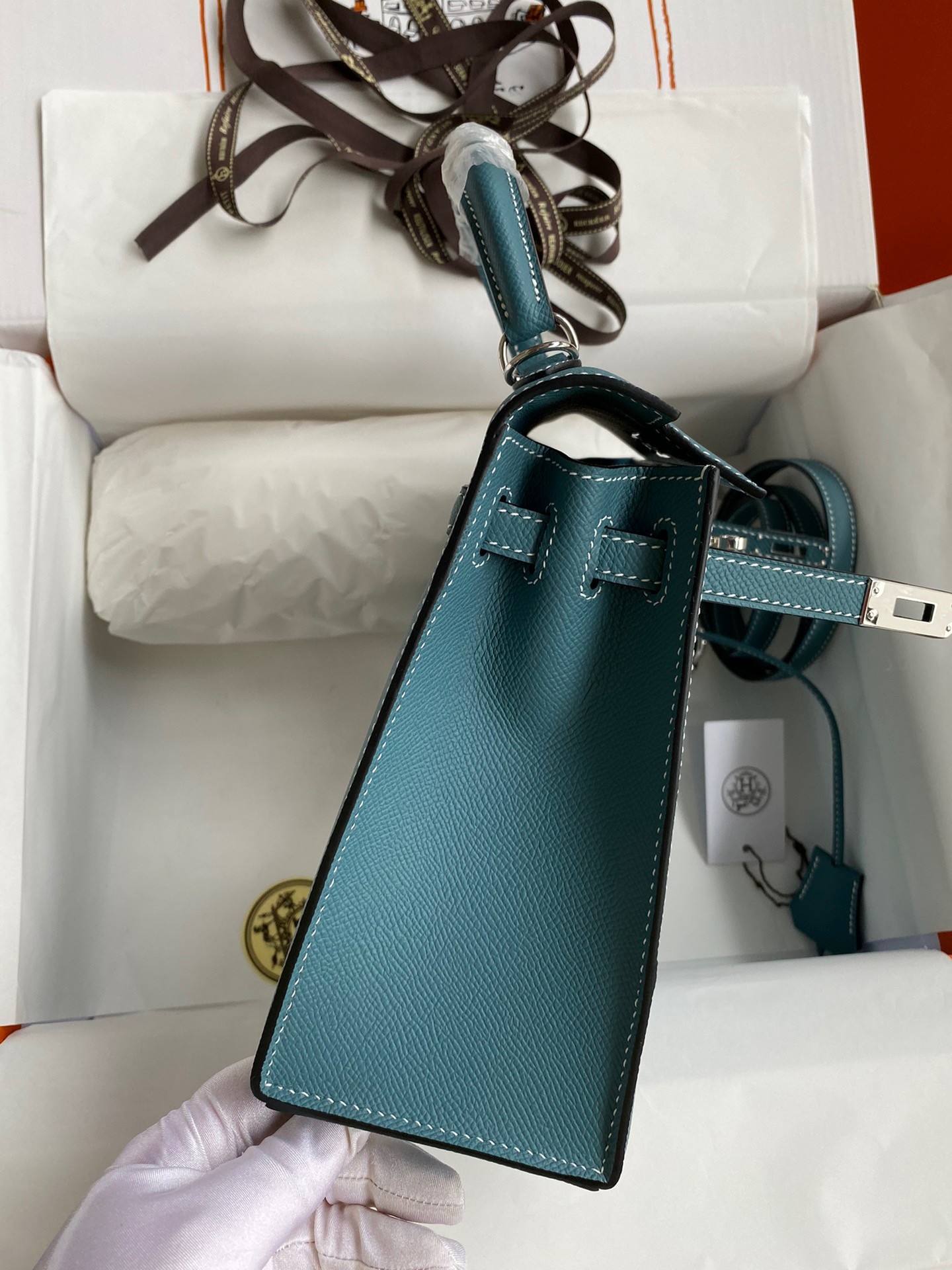 H**mes kelly sellier 25 handmade bag in blue jean epsom calfskin