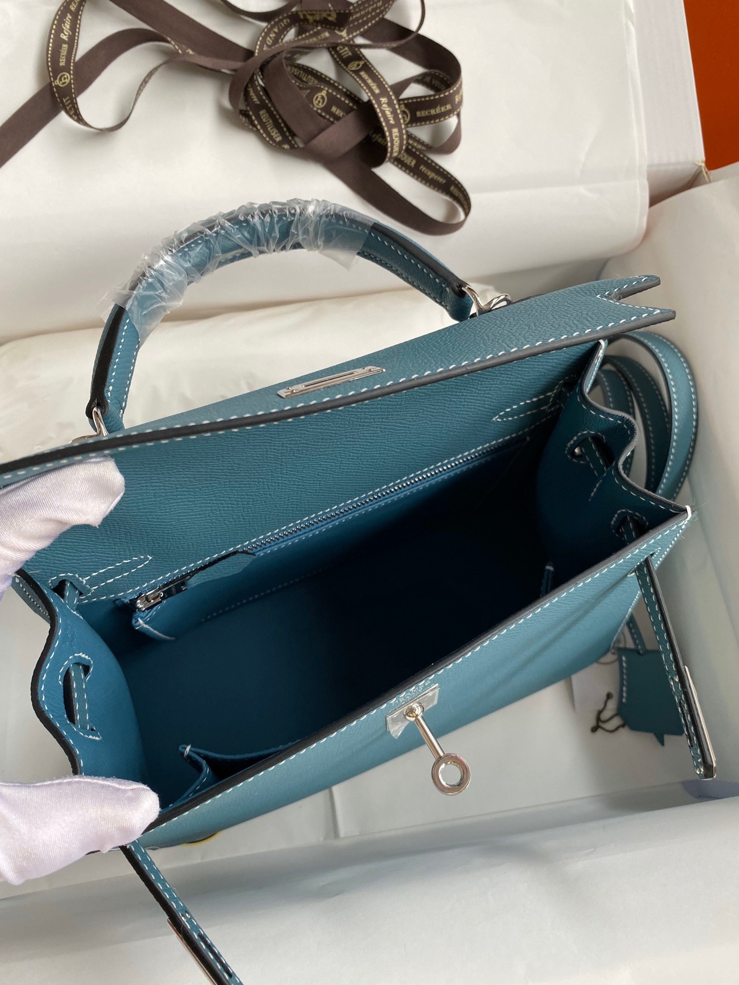 H**mes kelly sellier 25 handmade bag in blue jean epsom calfskin