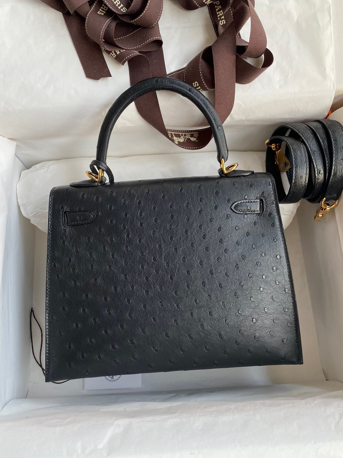 H**mes kelly sellier 25 handmade bag in black ostrich leather