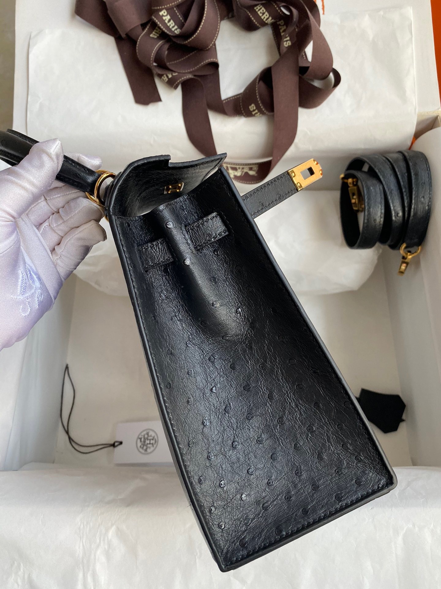 H**mes kelly sellier 25 handmade bag in black ostrich leather