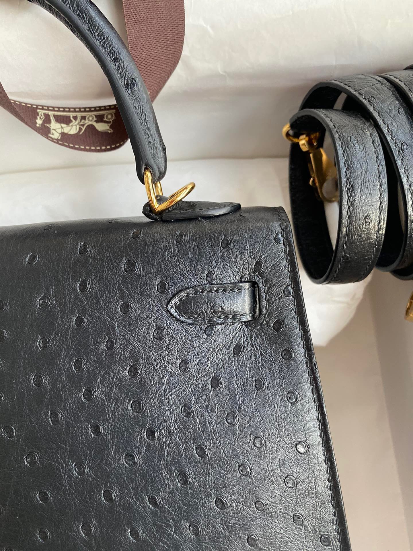 H**mes kelly sellier 25 handmade bag in black ostrich leather