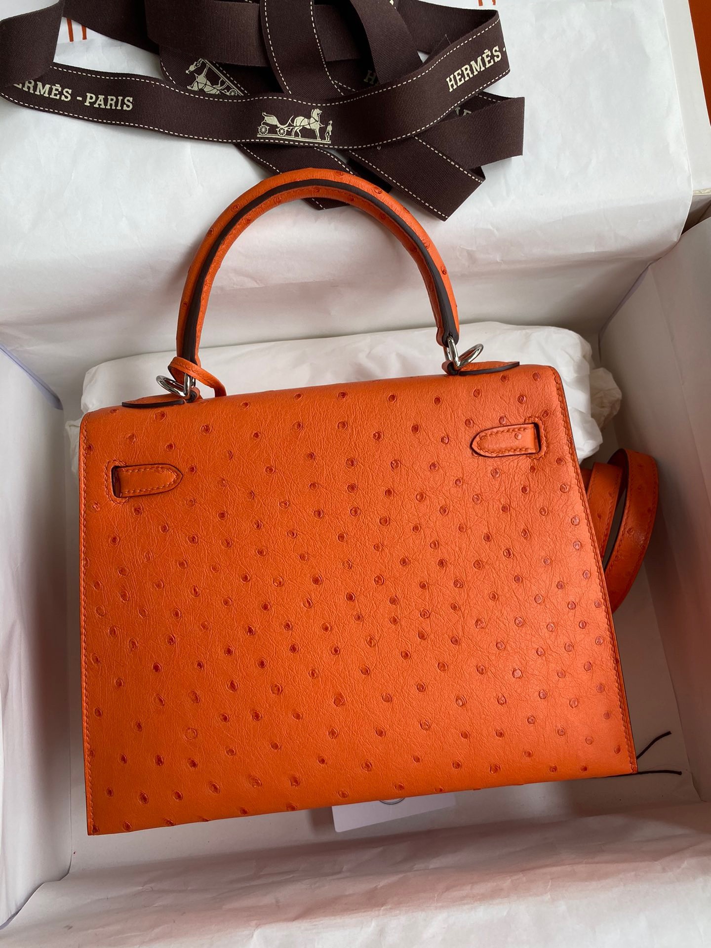 H**mes kelly sellier 25 handmade bag in orange ostrich leather
