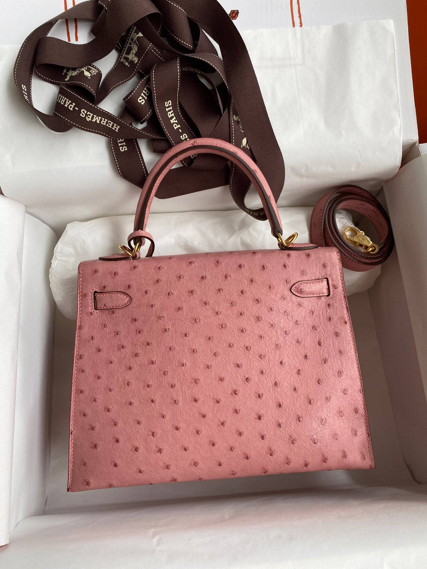 H**mes kelly sellier 25 handmade bag in terre cuite ostrich leather