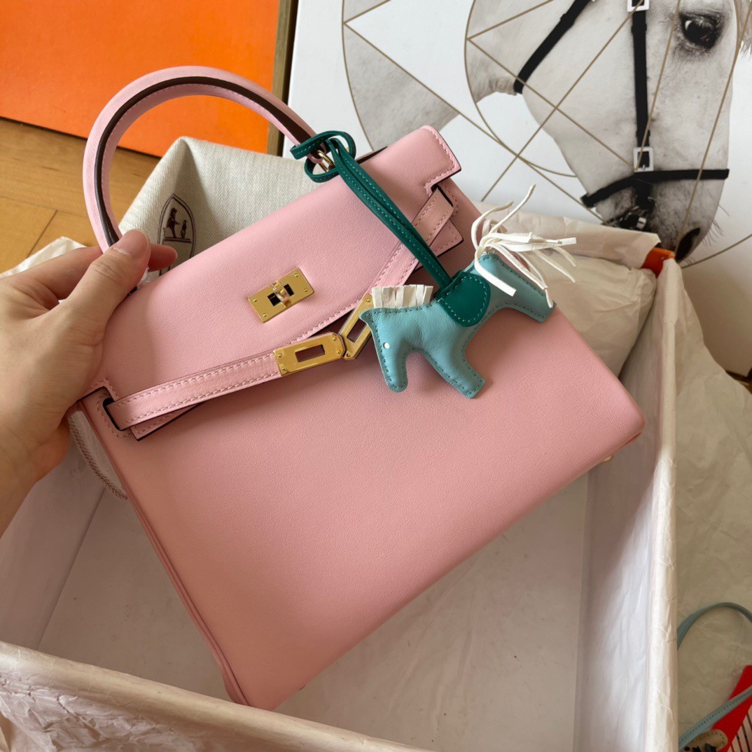 H**mes kelly retourne 25 handmade bag in pink swift calfskin