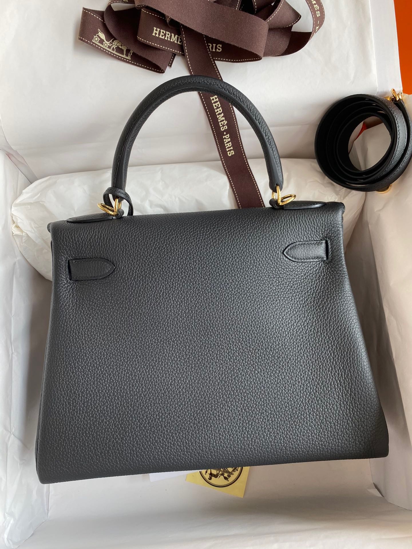 H**mes kelly retourne 28 handmade bag in black clemence leather