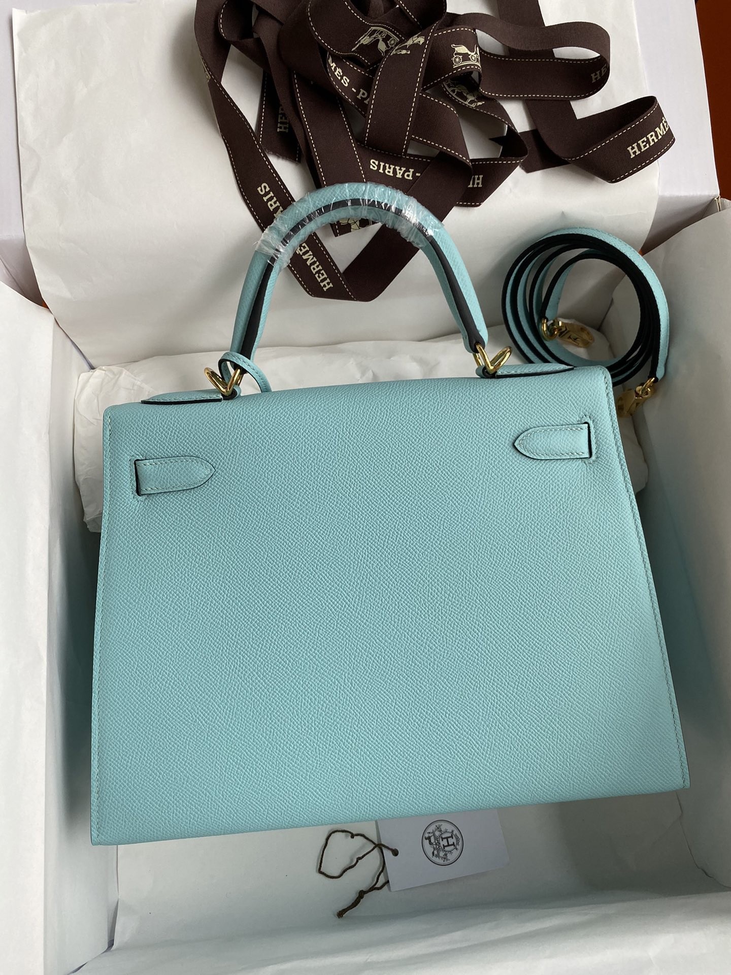 H**mes kelly sellier 32 handmade bag blue atoll black epsom calfskin
