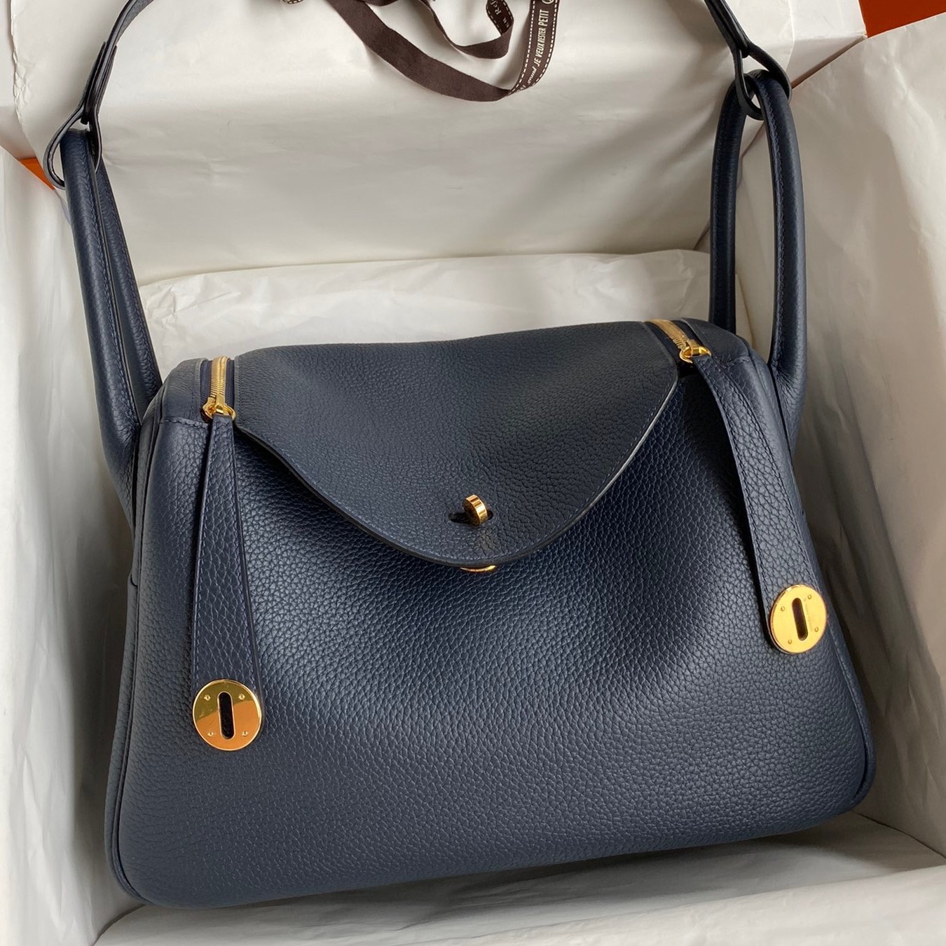 H**mes lindy 30 handmade bag in blue nuit clemence leather