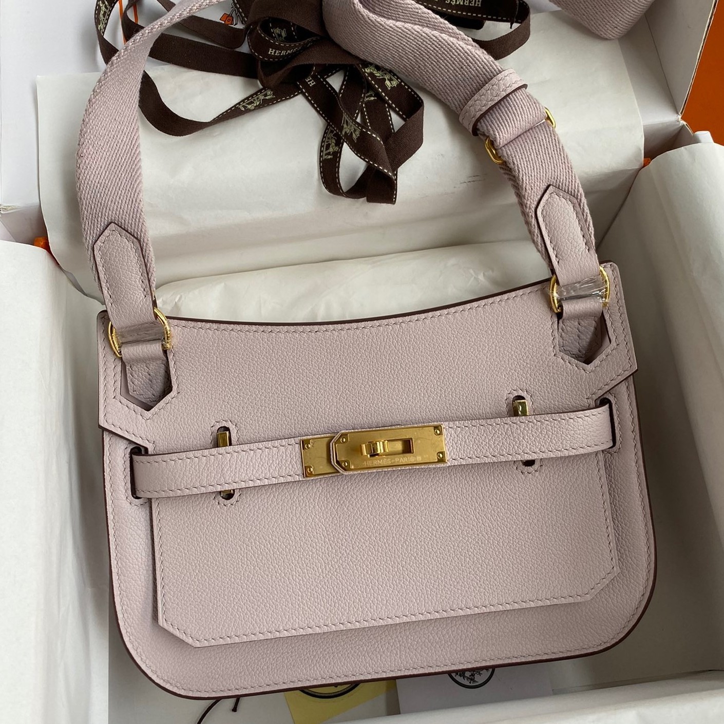 H**mes jypsiere mini handmade bag in mauve pale evercolor calfskin