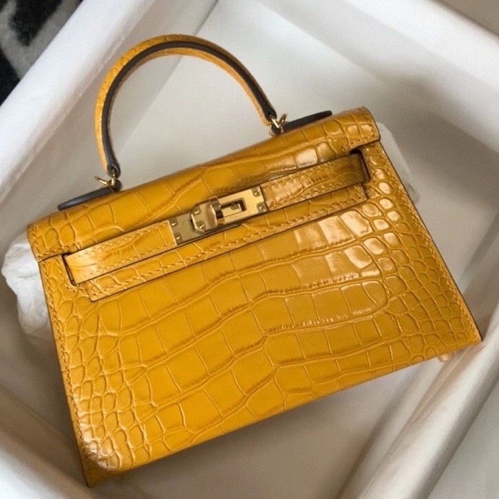 H**mes kelly mini ii bag in yellow embossed crocodile leather