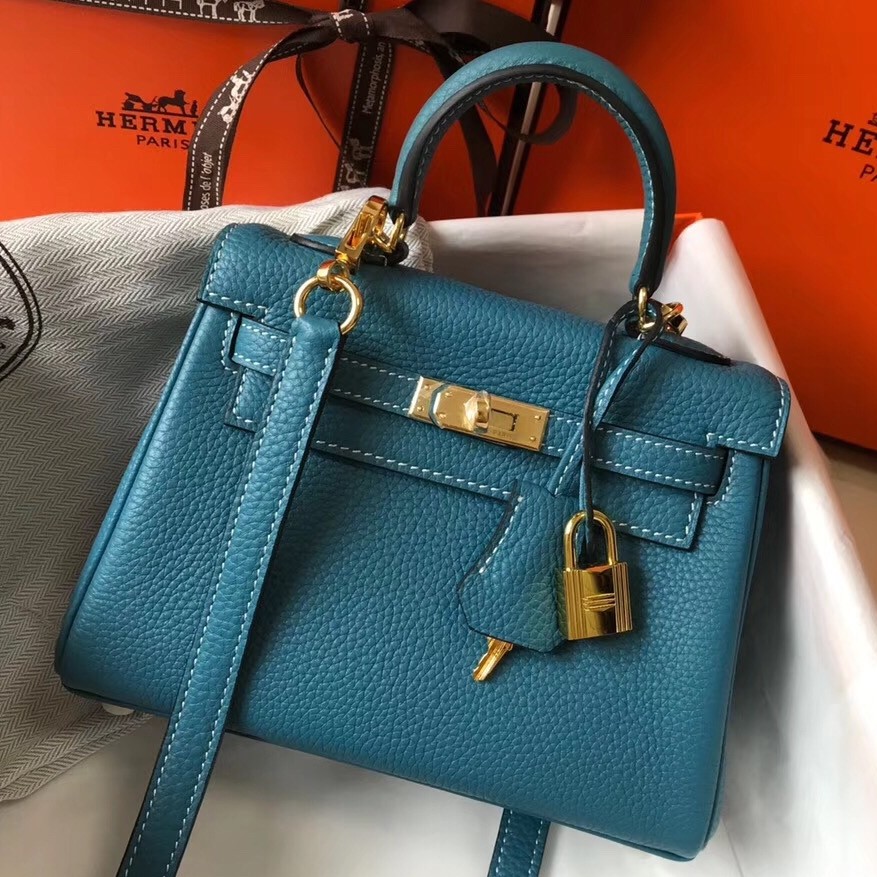 H**mes mini kelly 20cm bag in blue jean clemence leather