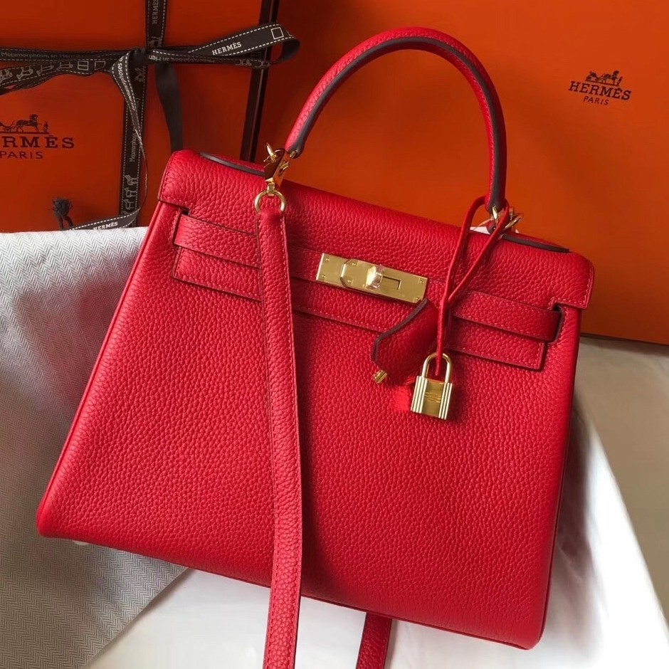 H**mes kelly 28cm retourne bag in red clemence leather