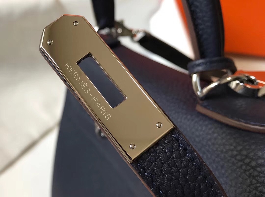 H**mes kelly 32cm retourne bag in navy blue clemence leather