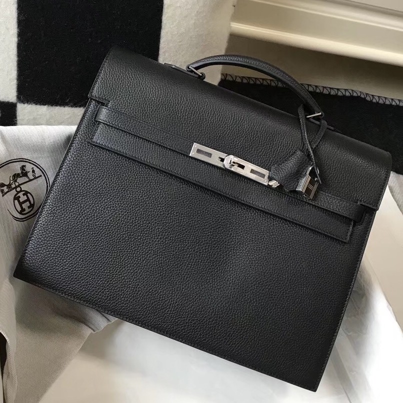 H**mes kelly depeche 34 briefcase in black calfskin