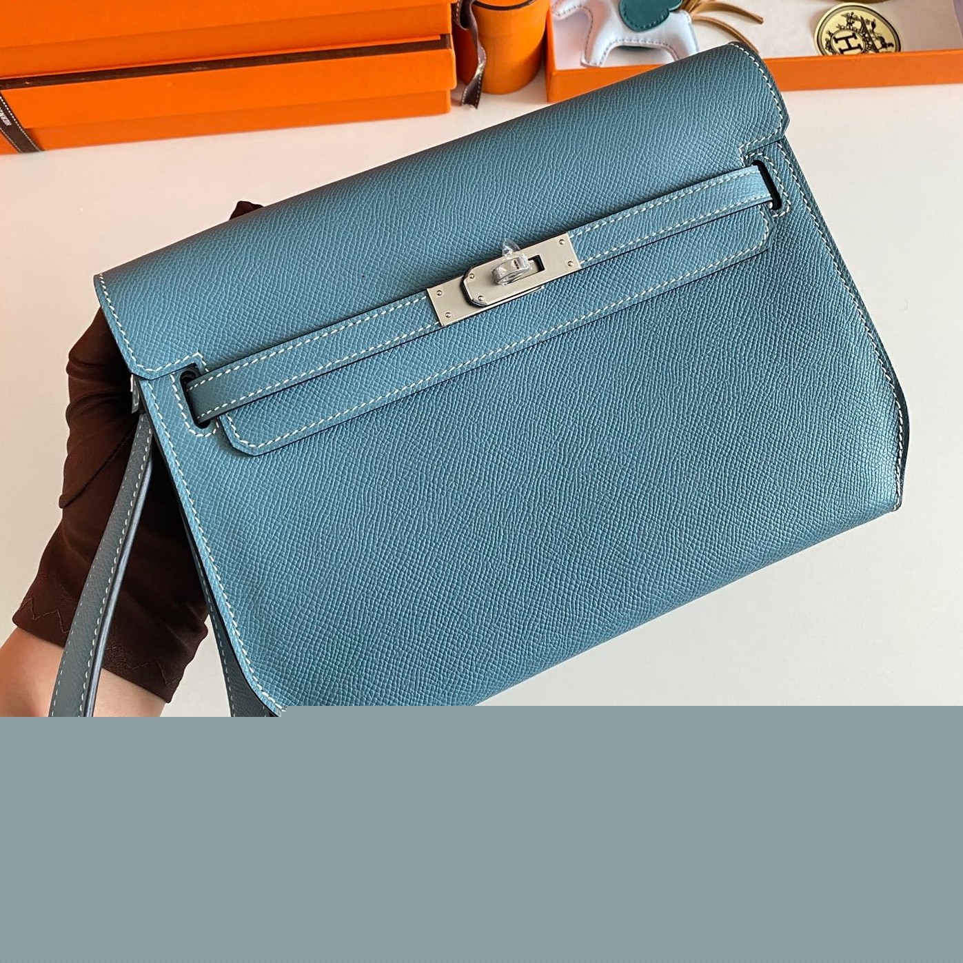 H**mes kelly depeches 25 pouch in blue jean epsom calfskin