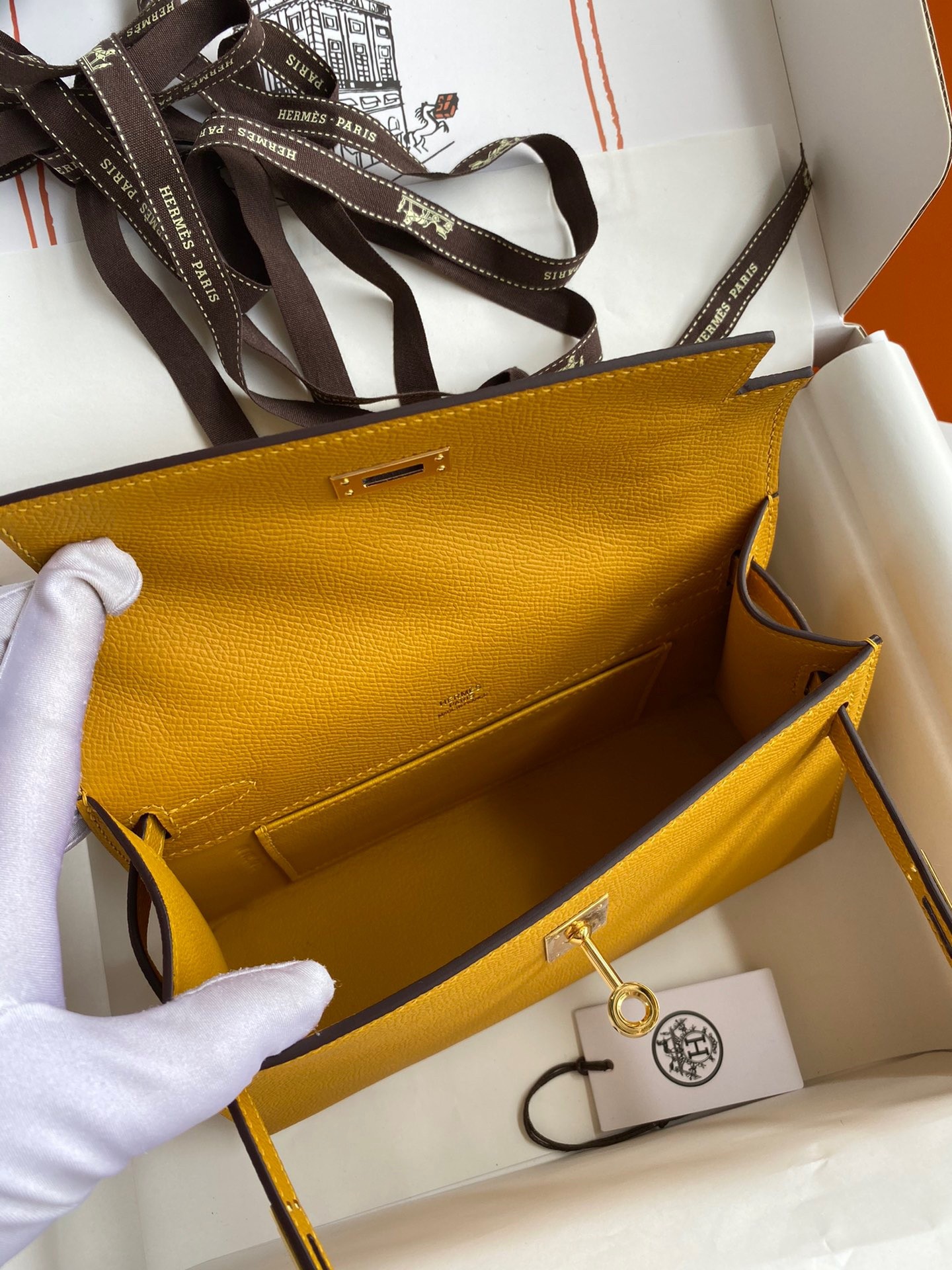 H**mes kelly pochette handmade bag in jaune ambre epsom calfskin