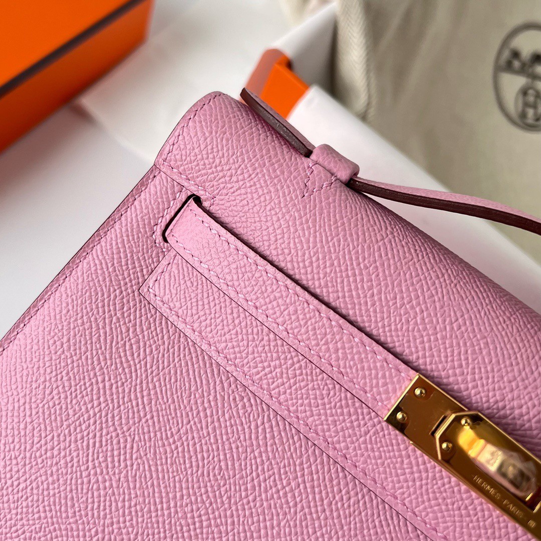 H**mes kelly pochette handmade bag in mauve sylvestre epsom calfskin