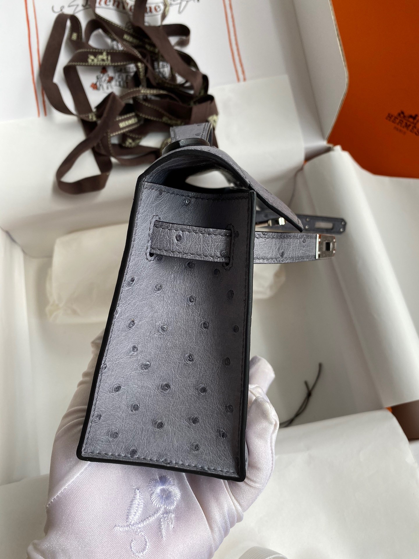 H**mes kelly pochette handmade bag in gris agate ostrich leather