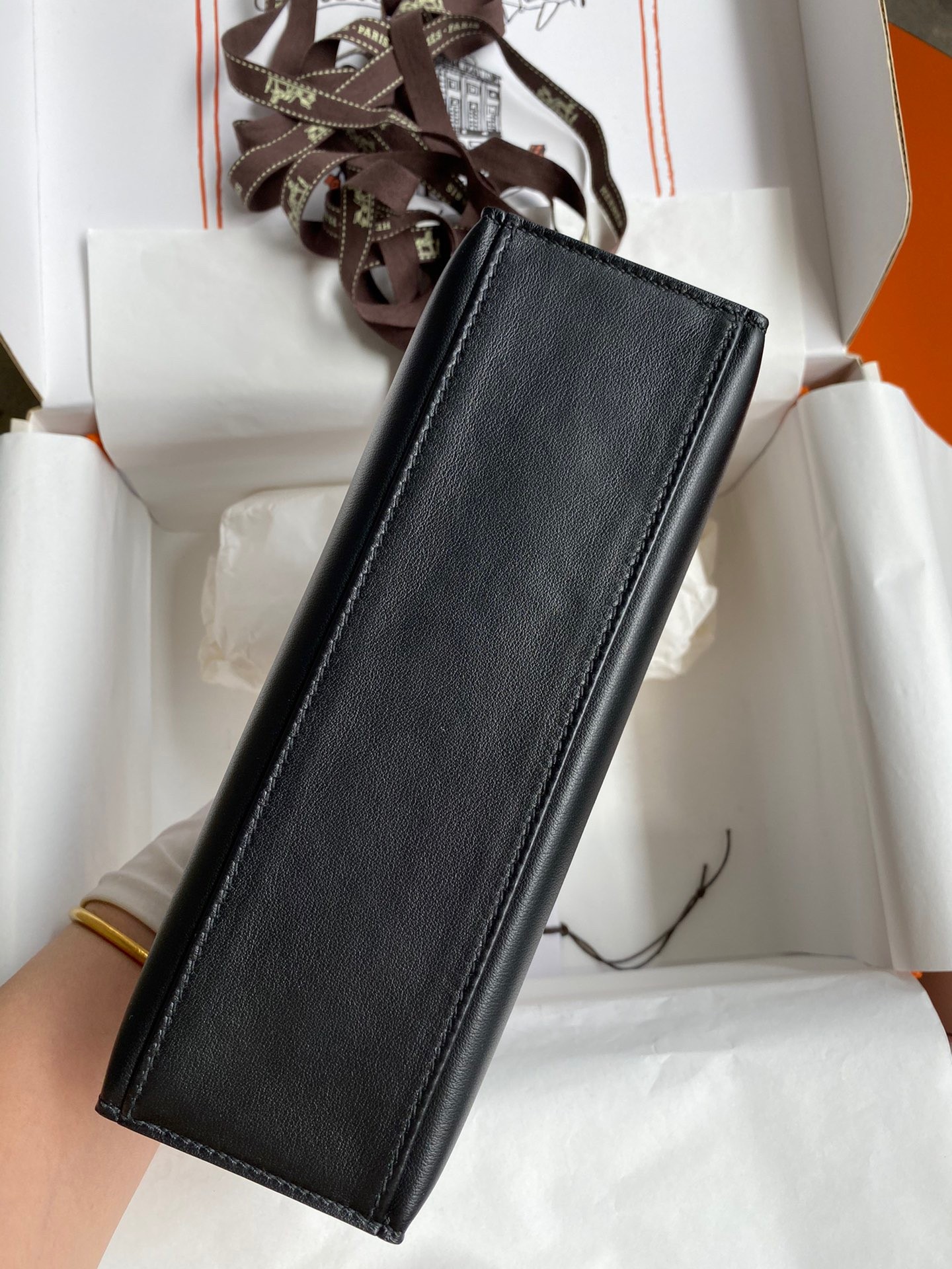 H**mes kelly pochette handmade bag in black swift calfskin
