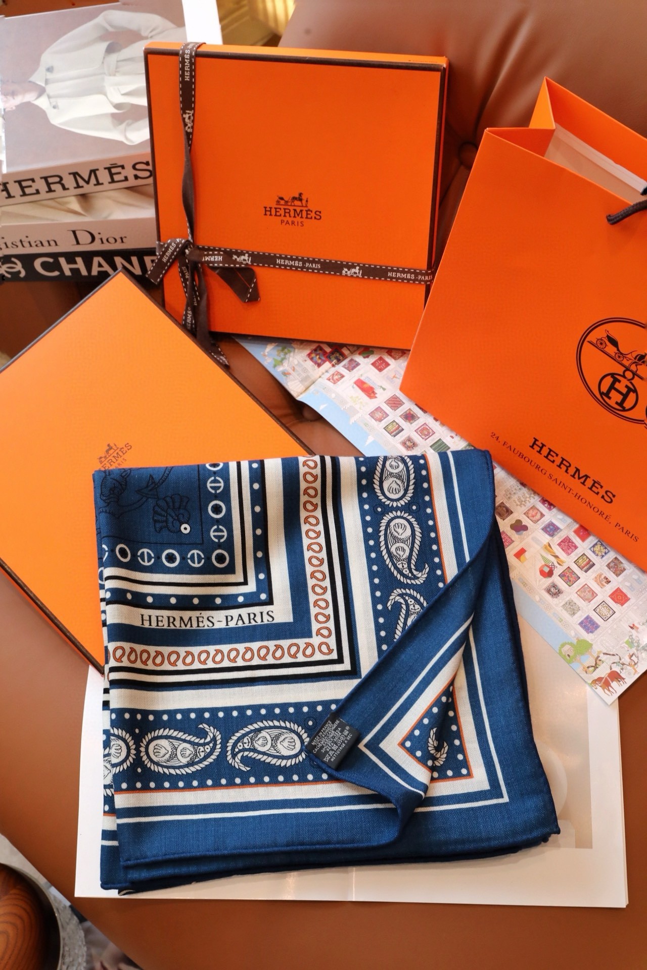 H**mes blue tatouages marins bandana shawl 140