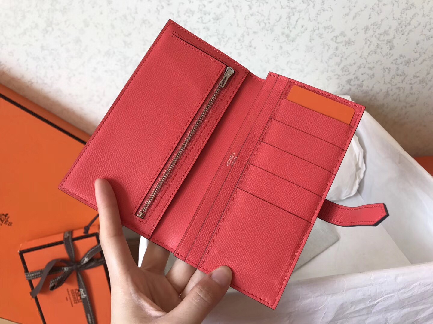 H**mes bi-color epsom bearn wallet electric blue/piment