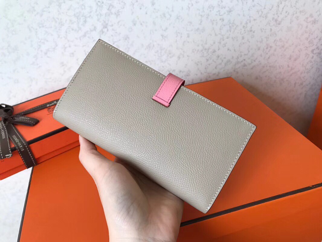 H**mes bi-color epsom bearn wallet grey/pink