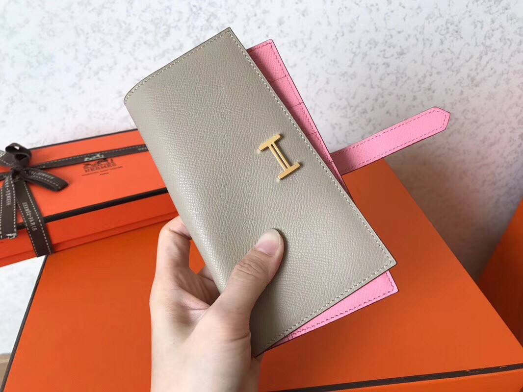 H**mes bi-color epsom bearn wallet grey/pink