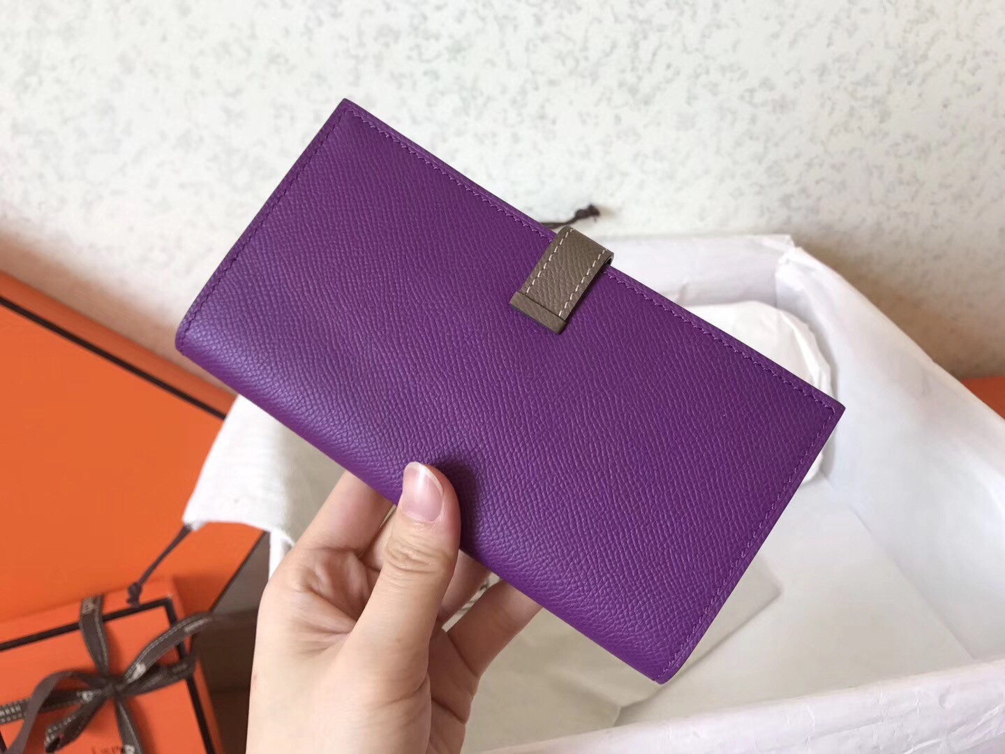 H**mes bi-color epsom bearn wallet ultraviolet/taupe