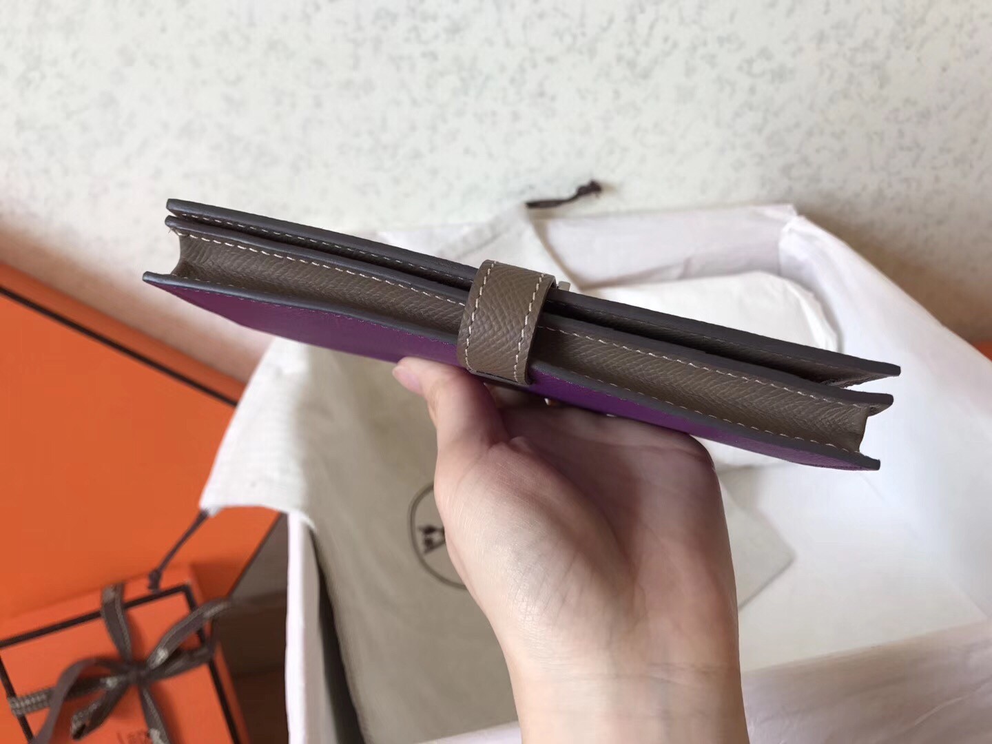 H**mes bi-color epsom bearn wallet ultraviolet/taupe
