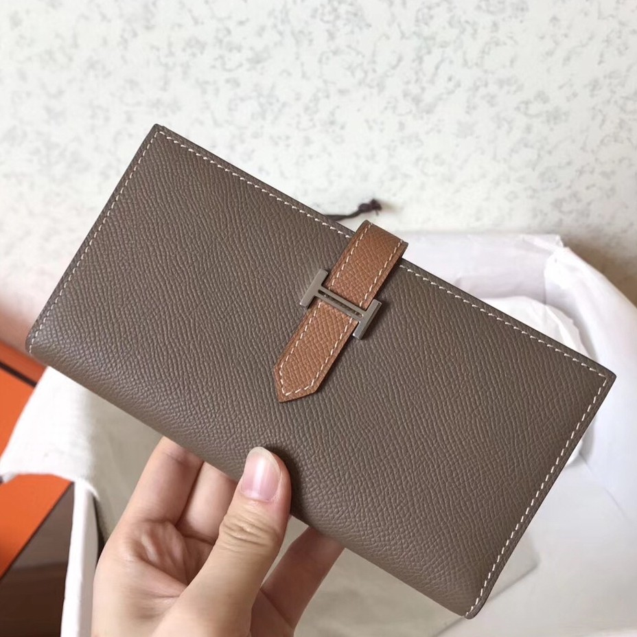 H**mes bi-color epsom bearn wallet taupe/brown