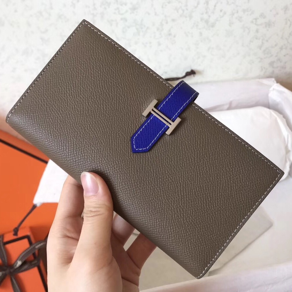 H**mes bi-color epsom bearn wallet taupe/electric blue