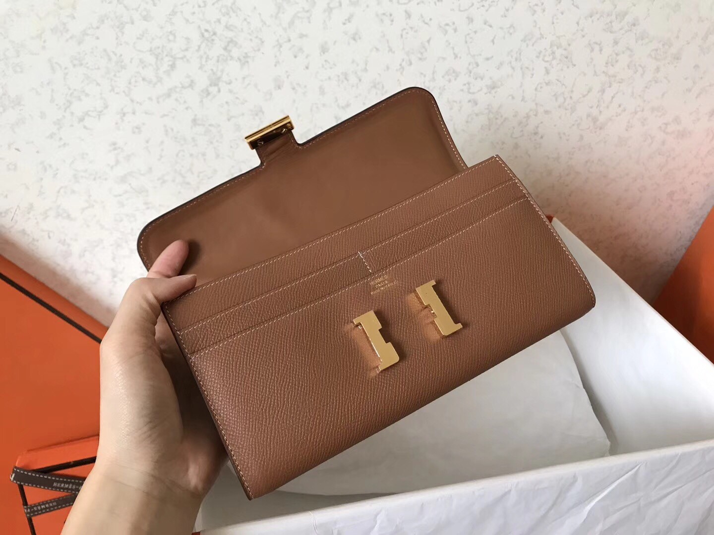 H**mes brown epsom constance long wallet