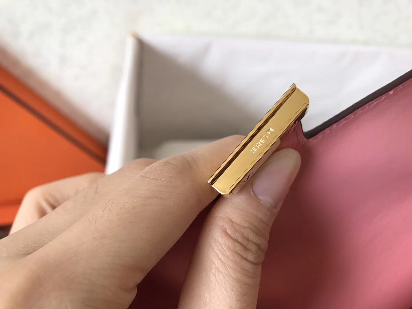 H**mes pink epsom constance long wallet