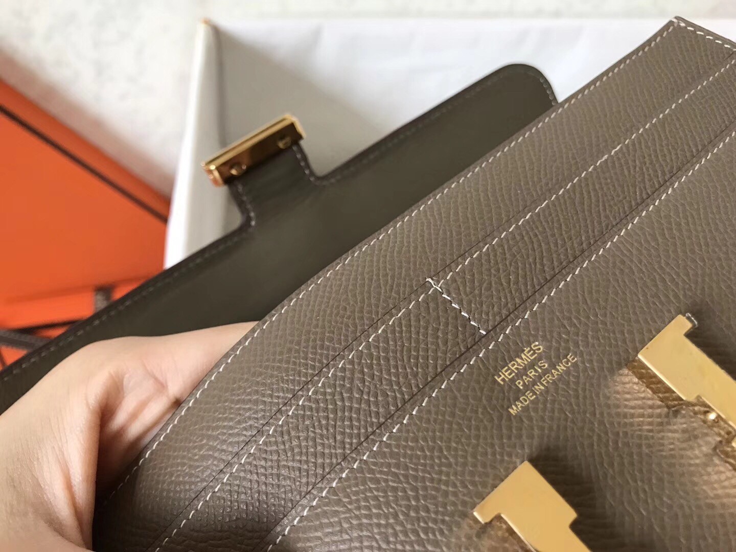 H**mes taupe epsom constance long wallet