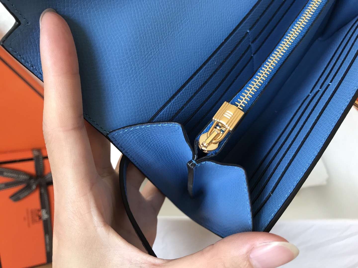 H**mes kelly classic long wallet in blue jean epsom leather