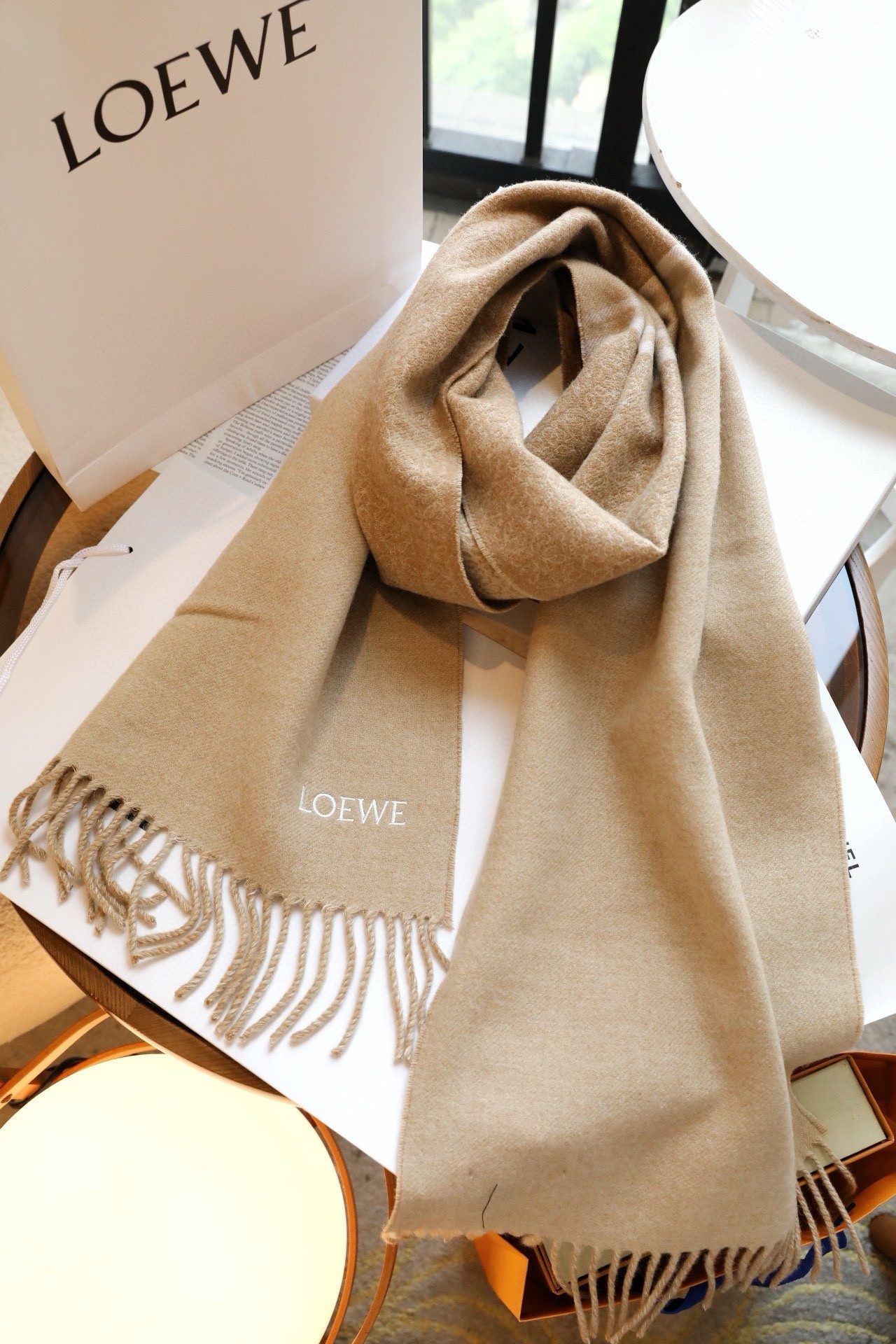 L0ew* anagram scarf in camel wool and cashmere