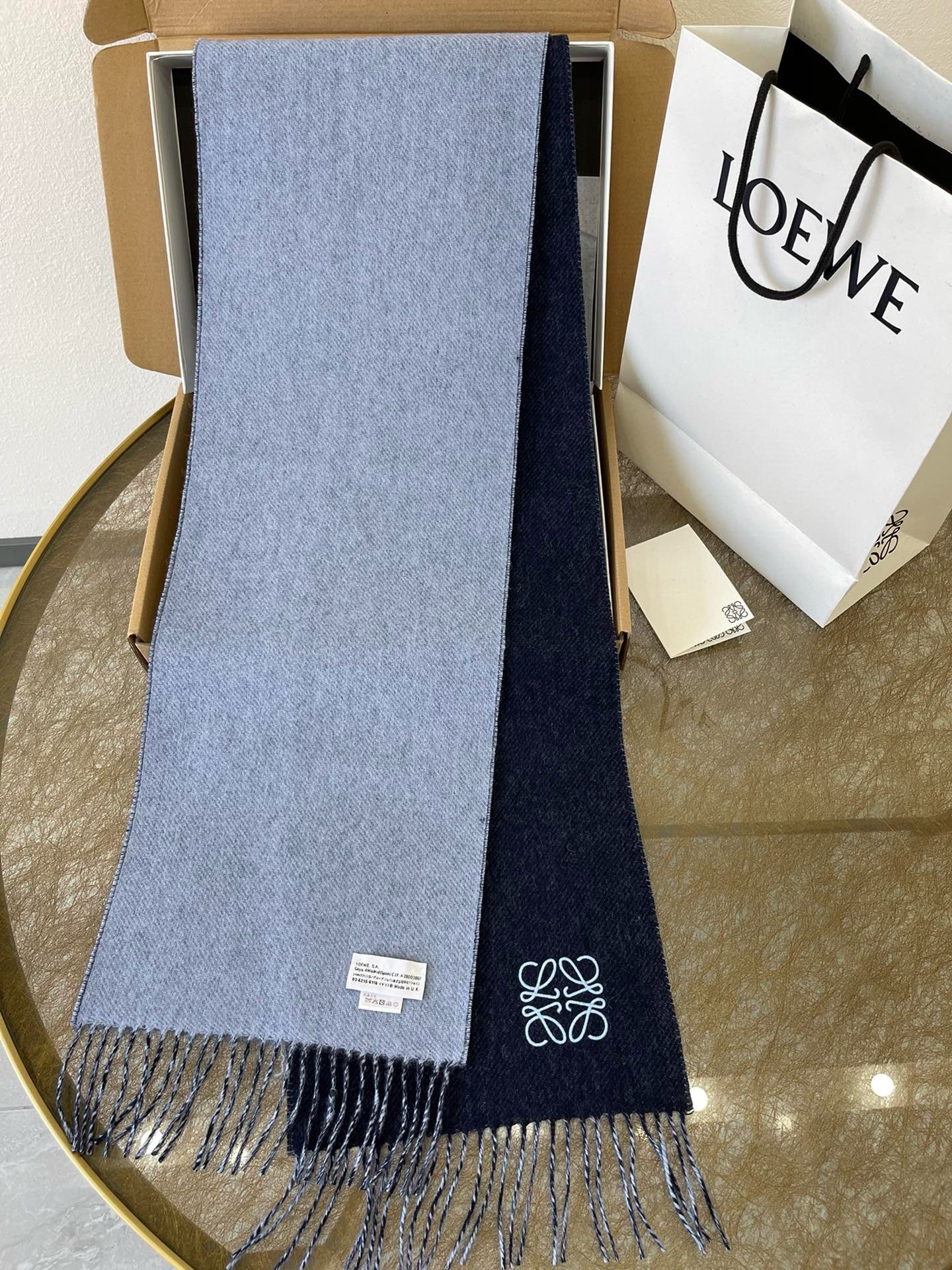 L0ew* double f**e scarf in navy/light blue wool and cashmere