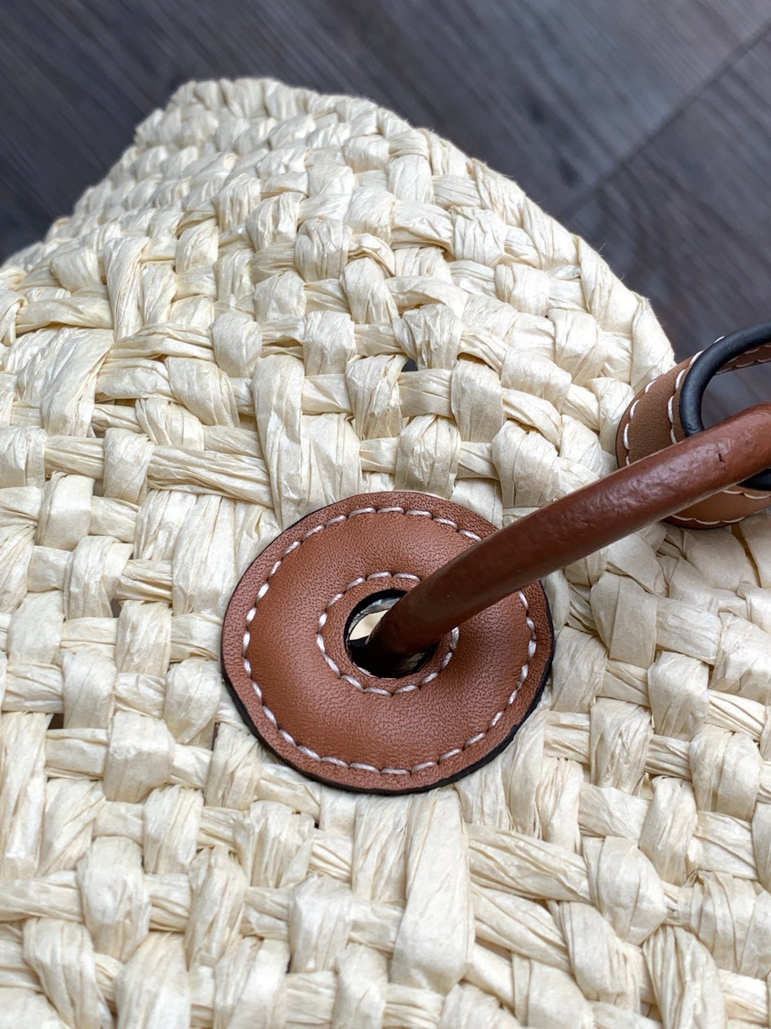 L0ew* medium anagram basket bag in iraca palm and brown calfskin