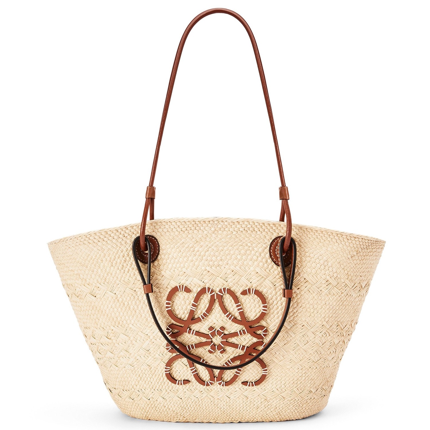 L0ew* medium anagram basket bag in iraca palm and brown calfskin