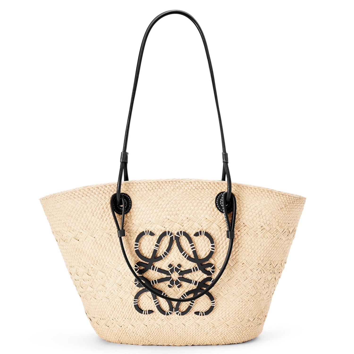 L0ew* medium anagram basket bag in iraca palm and black calfskin