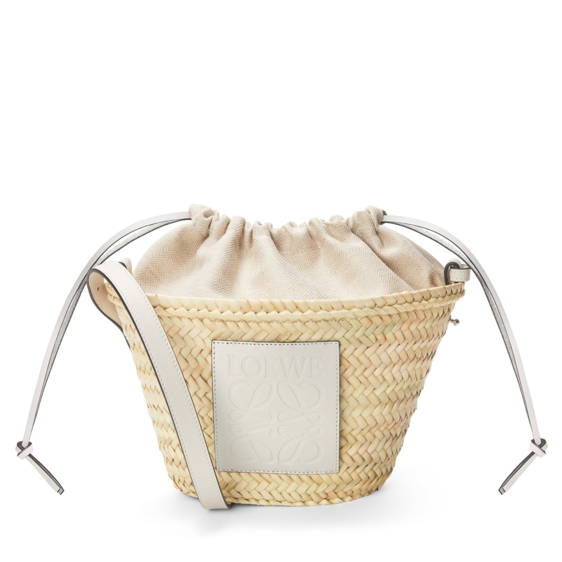 L0ew* drawstring bucket bag in palm leaf and white calfskin