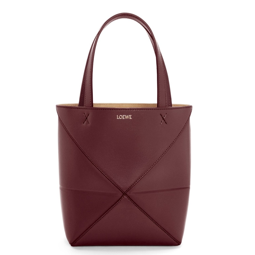 L0ew* mini puzzle fold tote bag in bordeaux calfskin